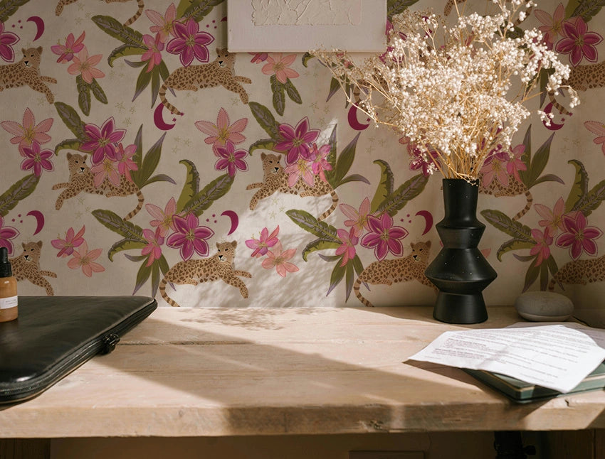 Papel mural Leopardo Flores Beige