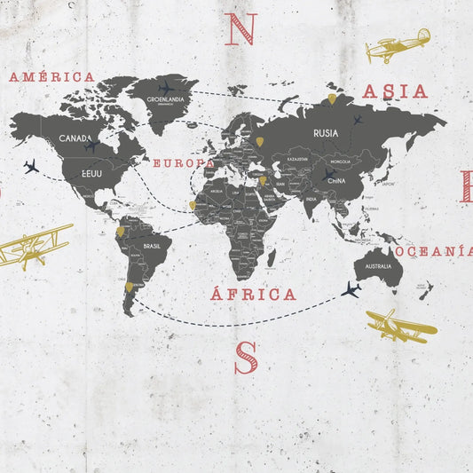 PAPEL MURAL MAPA MUNDI AVIONES - sietetintas