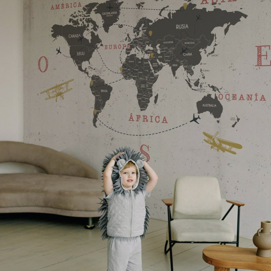 PAPEL MURAL MAPA MUNDI AVIONES - sietetintas