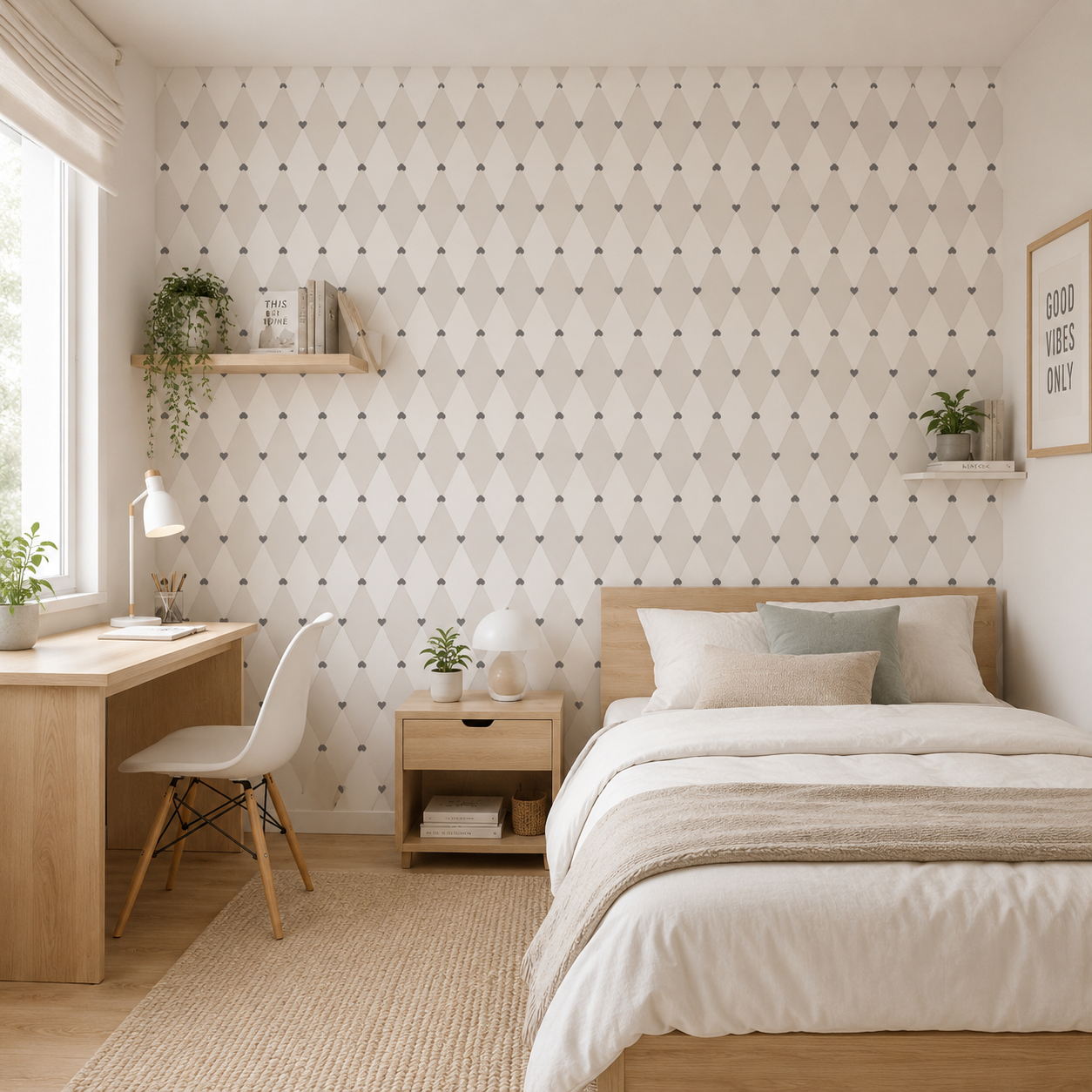 Papel Mural Rombo Corazón Beige