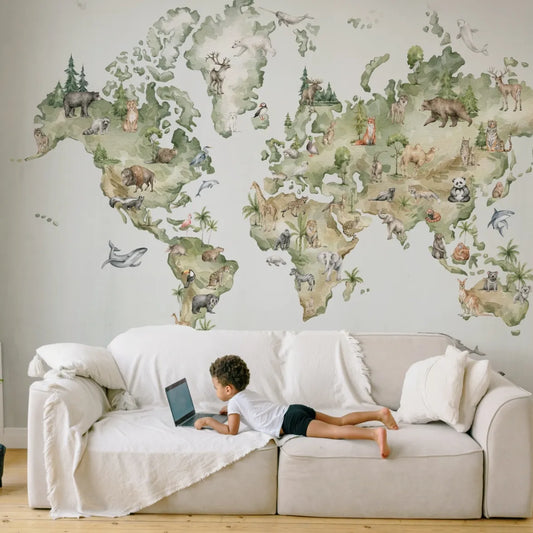 Mural papel pintado infantil Mapa Mundi Gris